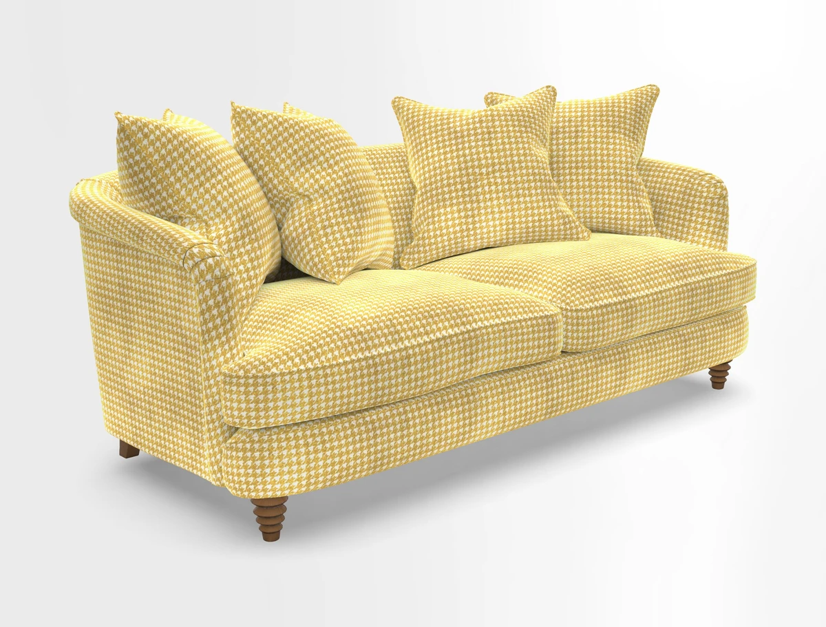 Helmsley 3 Seater Sofa in Mohair Velvet Fir Green with Seat and Back Cushions in RHS Collection Trailing Vine Olive and Small Trailing Ivy Olive