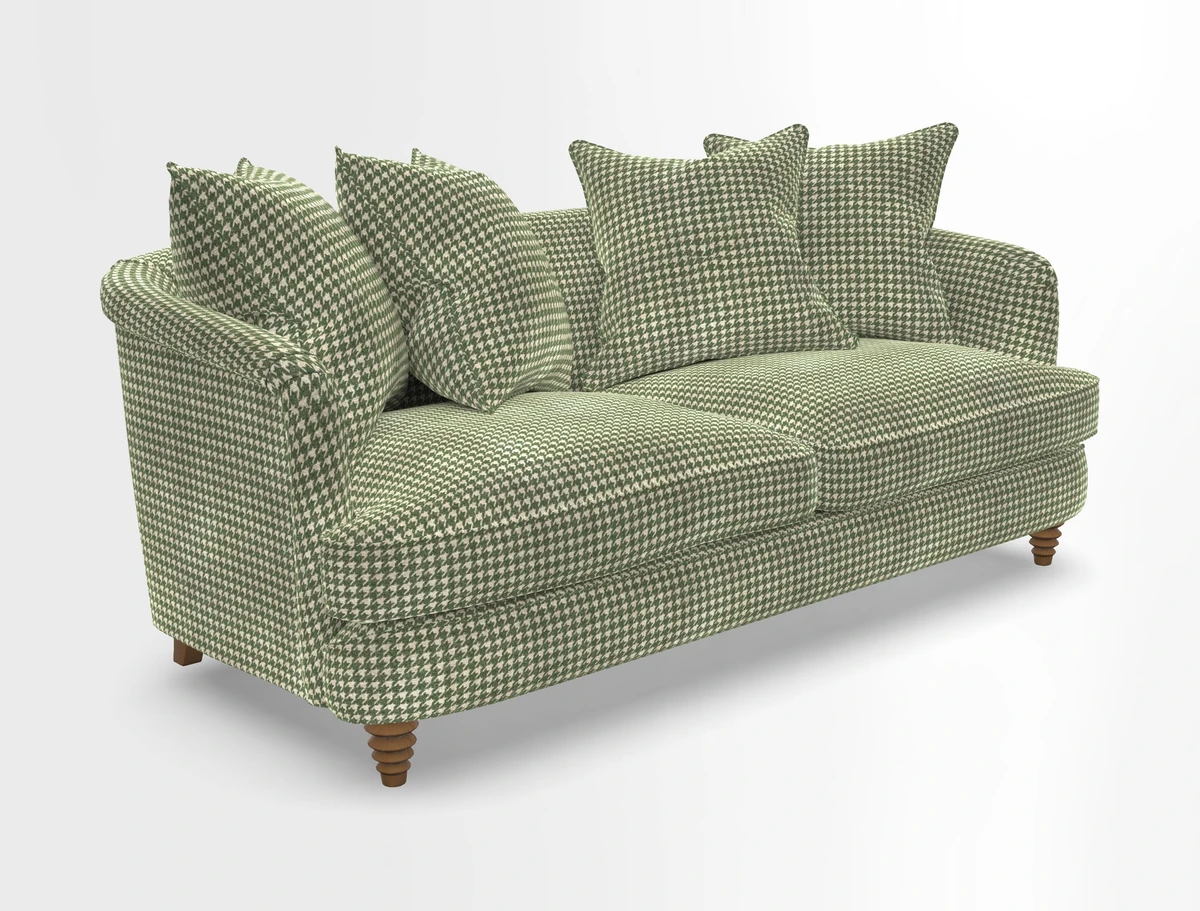 Helmsley 3 Seater Sofa in Mohair Velvet Fir Green with Seat and Back Cushions in RHS Collection Trailing Vine Olive and Small Trailing Ivy Olive