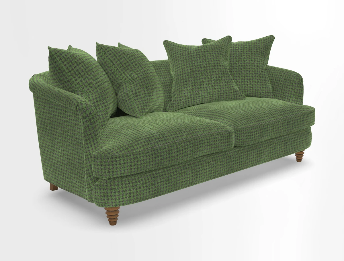 Helmsley 3 Seater Sofa in Mohair Velvet Fir Green with Seat and Back Cushions in RHS Collection Trailing Vine Olive and Small Trailing Ivy Olive