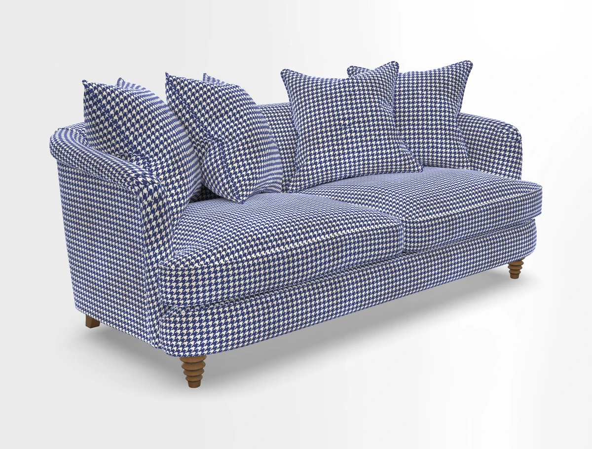 Helmsley 3 Seater Sofa in Mohair Velvet Fir Green with Seat and Back Cushions in RHS Collection Trailing Vine Olive and Small Trailing Ivy Olive