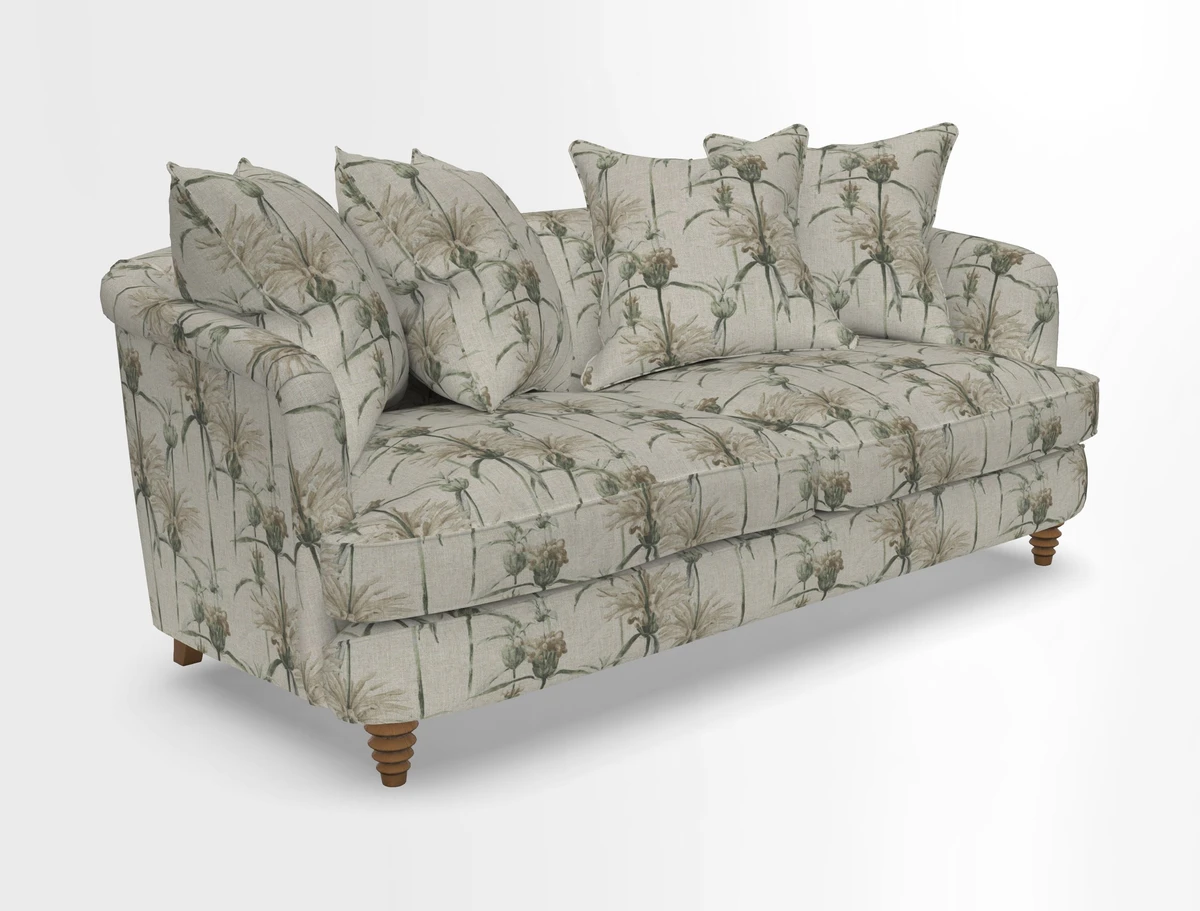 Helmsley 3 Seater Sofa in Mohair Velvet Fir Green with Seat and Back Cushions in RHS Collection Trailing Vine Olive and Small Trailing Ivy Olive