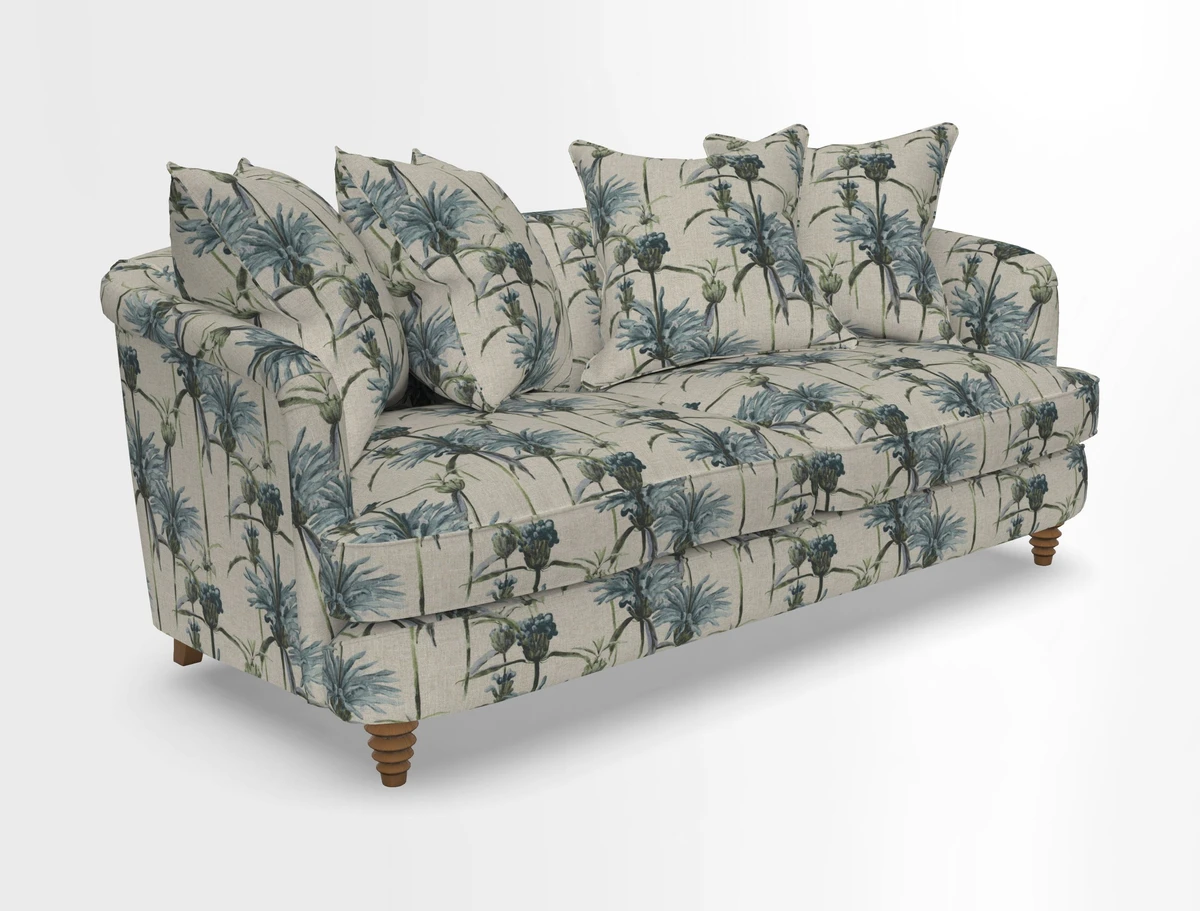 Helmsley 3 Seater Sofa in Mohair Velvet Fir Green with Seat and Back Cushions in RHS Collection Trailing Vine Olive and Small Trailing Ivy Olive