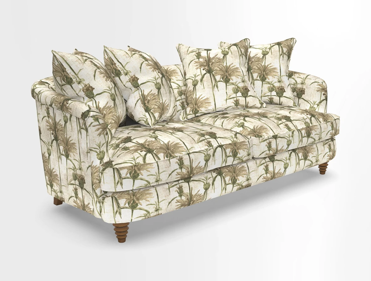 Helmsley 3 Seater Sofa in Mohair Velvet Fir Green with Seat and Back Cushions in RHS Collection Trailing Vine Olive and Small Trailing Ivy Olive