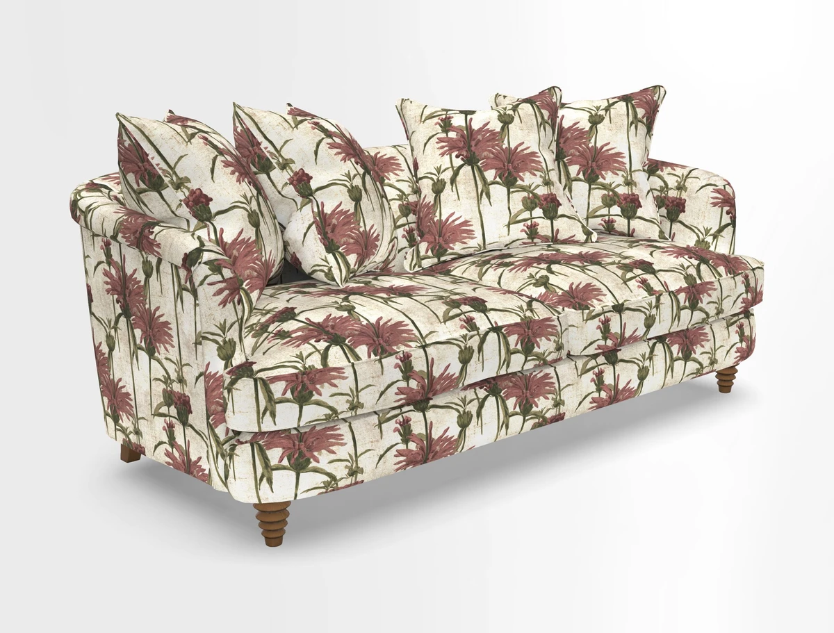 Helmsley 3 Seater Sofa in Mohair Velvet Fir Green with Seat and Back Cushions in RHS Collection Trailing Vine Olive and Small Trailing Ivy Olive