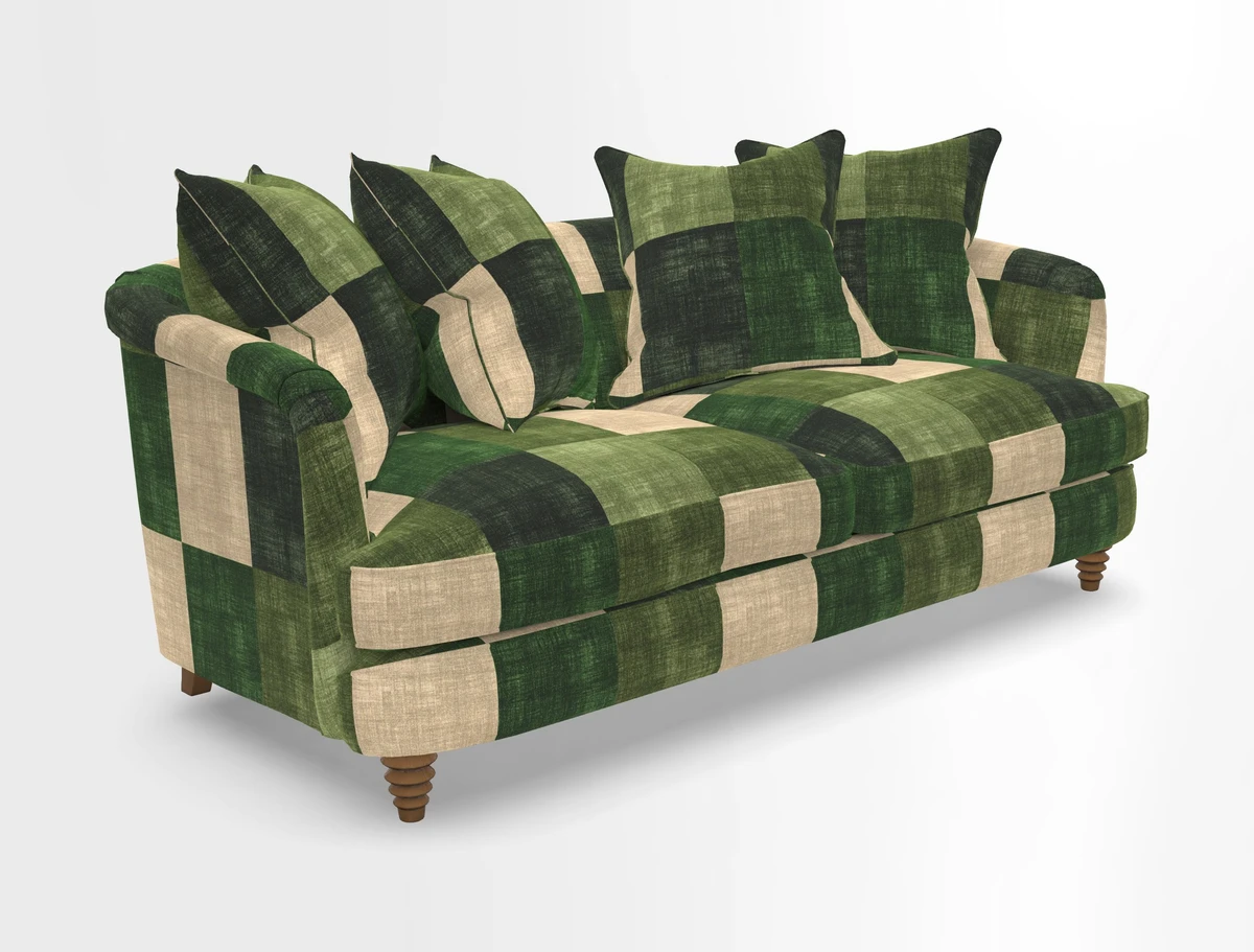 Helmsley 3 Seater Sofa in Mohair Velvet Fir Green with Seat and Back Cushions in RHS Collection Trailing Vine Olive and Small Trailing Ivy Olive