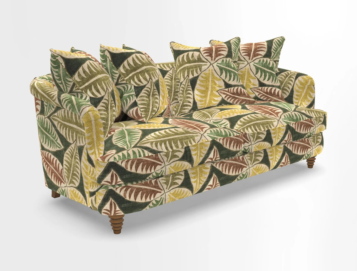 Helmsley 3 Seater Sofa in Mohair Velvet Fir Green with Seat and Back Cushions in RHS Collection Trailing Vine Olive and Small Trailing Ivy Olive