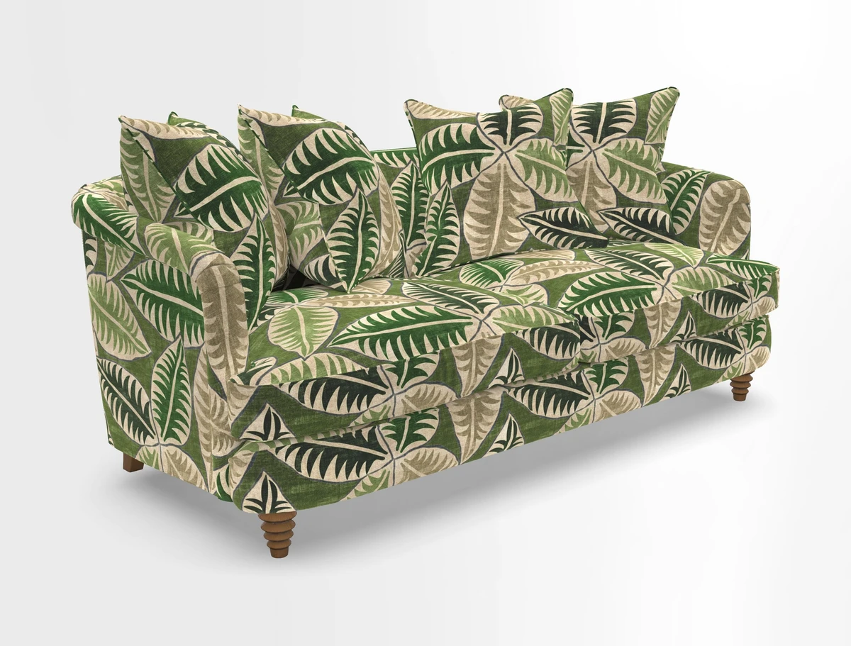 Helmsley 3 Seater Sofa in Mohair Velvet Fir Green with Seat and Back Cushions in RHS Collection Trailing Vine Olive and Small Trailing Ivy Olive