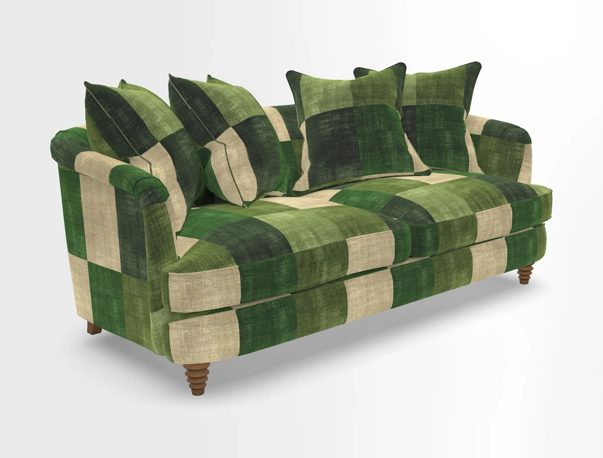 Helmsley 3 Seater Sofa in Mohair Velvet Fir Green with Seat and Back Cushions in RHS Collection Trailing Vine Olive and Small Trailing Ivy Olive