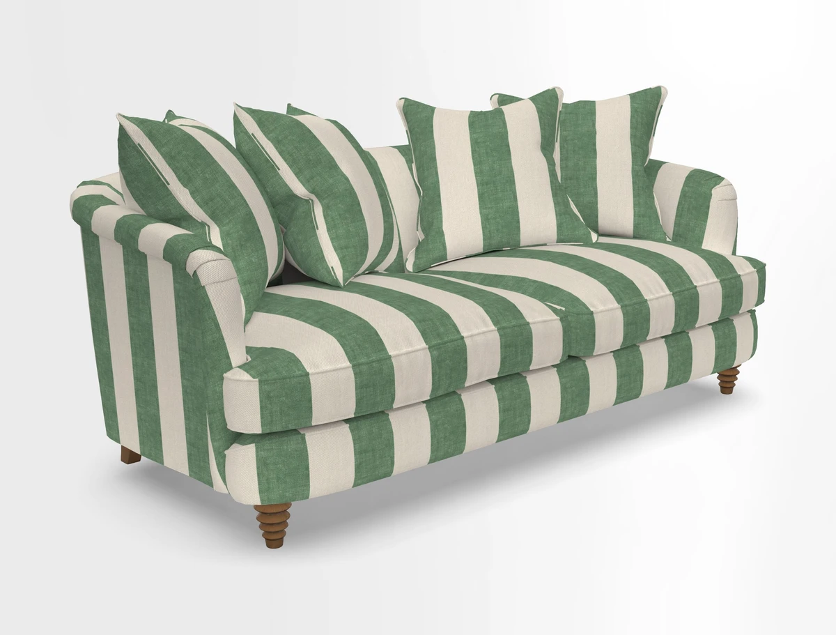 Helmsley 3 Seater Sofa in Mohair Velvet Fir Green with Seat and Back Cushions in RHS Collection Trailing Vine Olive and Small Trailing Ivy Olive