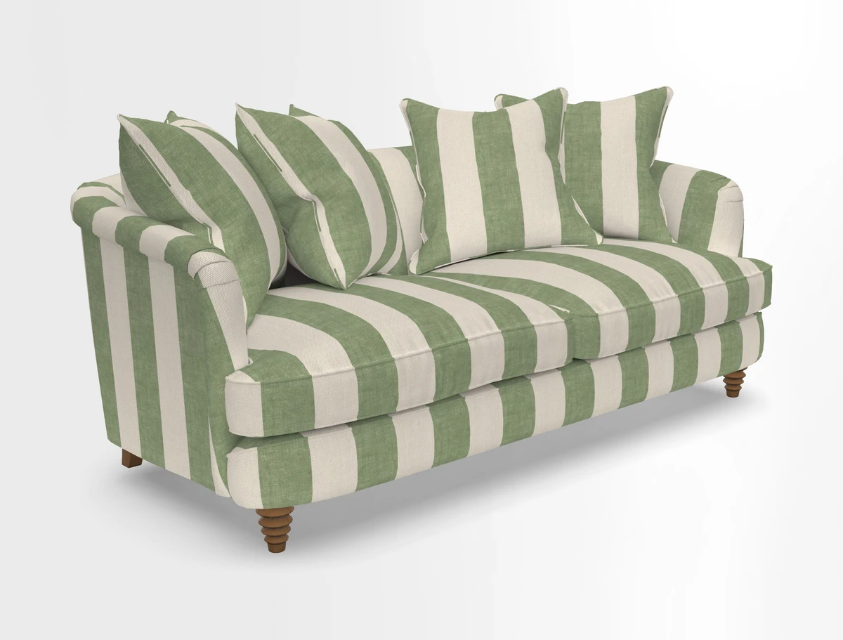 Helmsley 3 Seater Sofa in Mohair Velvet Fir Green with Seat and Back Cushions in RHS Collection Trailing Vine Olive and Small Trailing Ivy Olive