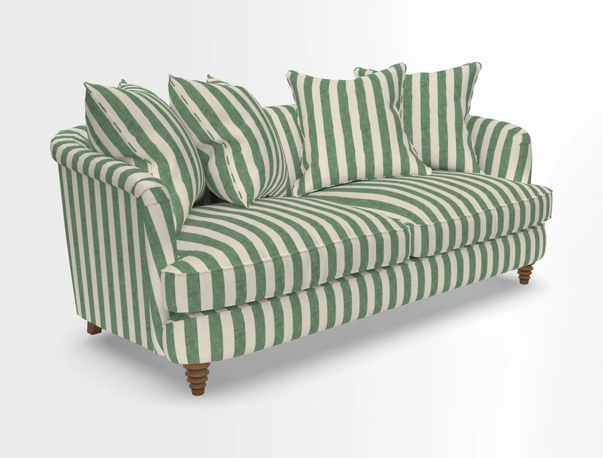 Helmsley 3 Seater Sofa in Mohair Velvet Fir Green with Seat and Back Cushions in RHS Collection Trailing Vine Olive and Small Trailing Ivy Olive