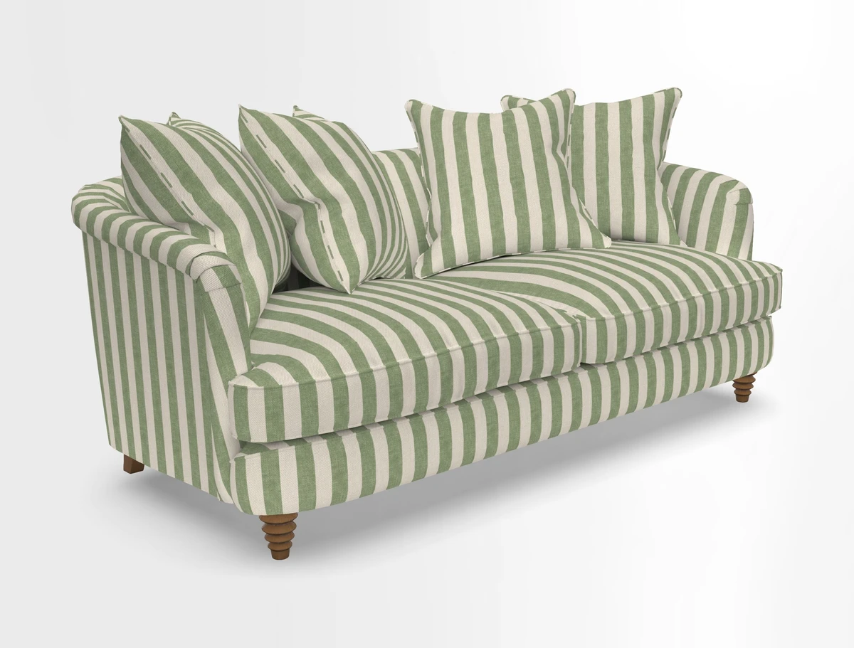 Helmsley 3 Seater Sofa in Mohair Velvet Fir Green with Seat and Back Cushions in RHS Collection Trailing Vine Olive and Small Trailing Ivy Olive