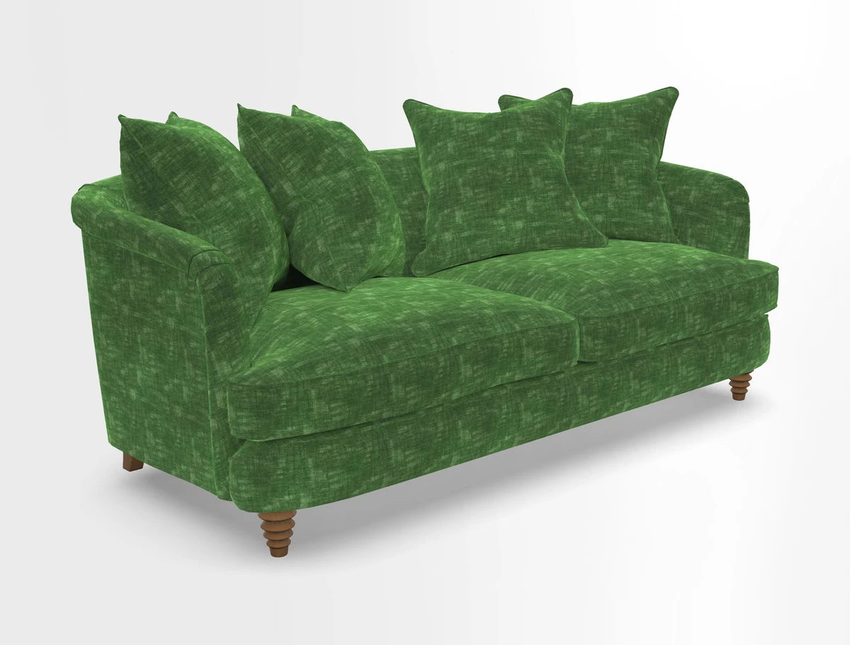 Helmsley 3 Seater Sofa in Mohair Velvet Fir Green with Seat and Back Cushions in RHS Collection Trailing Vine Olive and Small Trailing Ivy Olive