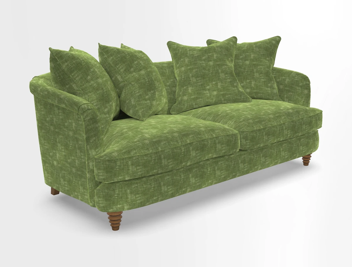Helmsley 3 Seater Sofa in Mohair Velvet Fir Green with Seat and Back Cushions in RHS Collection Trailing Vine Olive and Small Trailing Ivy Olive