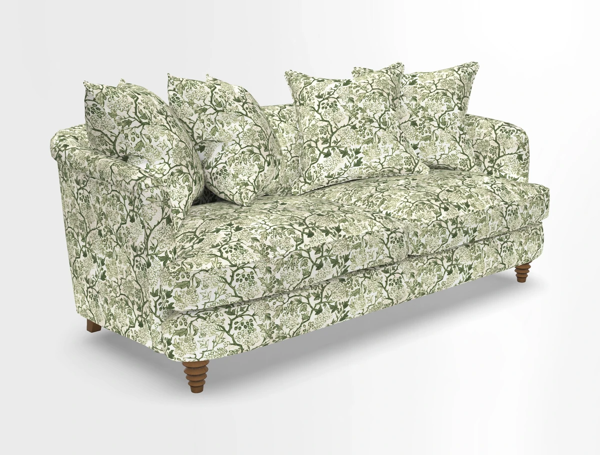 Helmsley 3 Seater Sofa in Mohair Velvet Fir Green with Seat and Back Cushions in RHS Collection Trailing Vine Olive and Small Trailing Ivy Olive