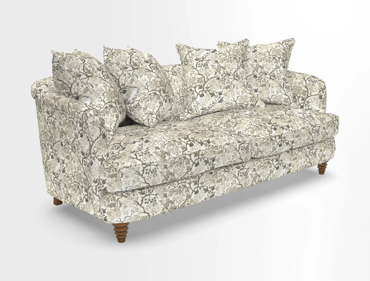 Helmsley 3 Seater Sofa in Mohair Velvet Fir Green with Seat and Back Cushions in RHS Collection Trailing Vine Olive and Small Trailing Ivy Olive