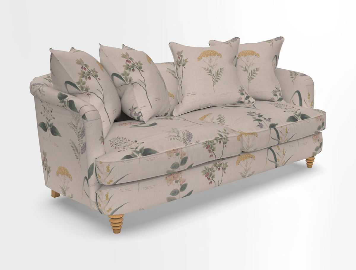 Helmsley 3 Seater Sofa in Mohair Velvet Fir Green with Seat and Back Cushions in RHS Collection Trailing Vine Olive and Small Trailing Ivy Olive