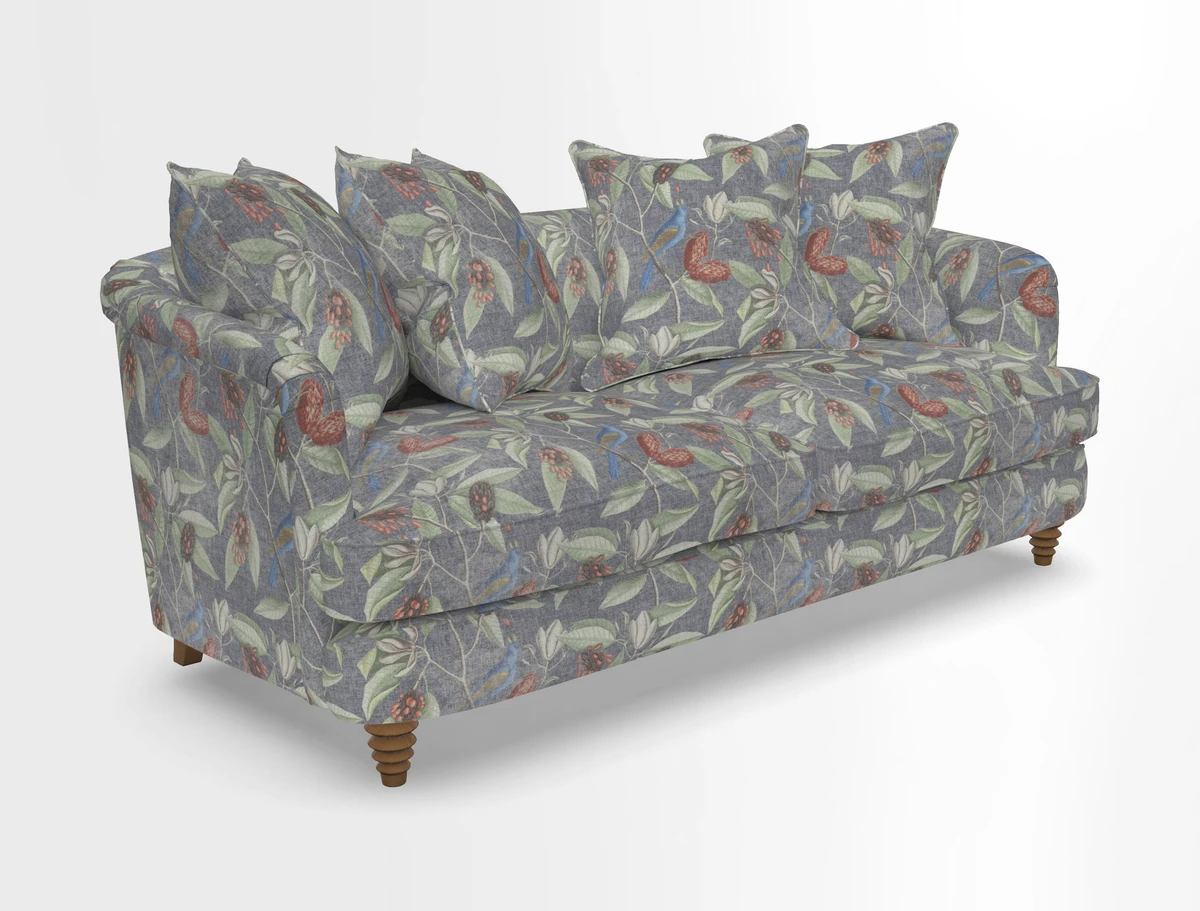 Helmsley 3 Seater Sofa in Mohair Velvet Fir Green with Seat and Back Cushions in RHS Collection Trailing Vine Olive and Small Trailing Ivy Olive