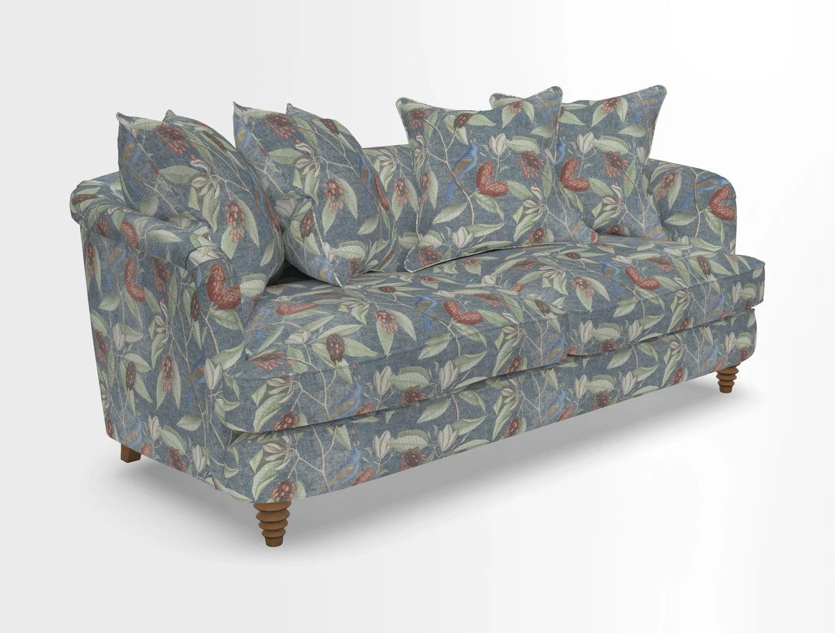 Helmsley 3 Seater Sofa in Mohair Velvet Fir Green with Seat and Back Cushions in RHS Collection Trailing Vine Olive and Small Trailing Ivy Olive