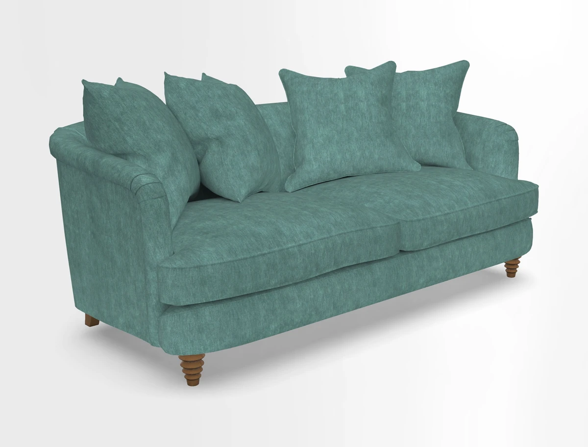 Helmsley 3 Seater Sofa in Mohair Velvet Fir Green with Seat and Back Cushions in RHS Collection Trailing Vine Olive and Small Trailing Ivy Olive
