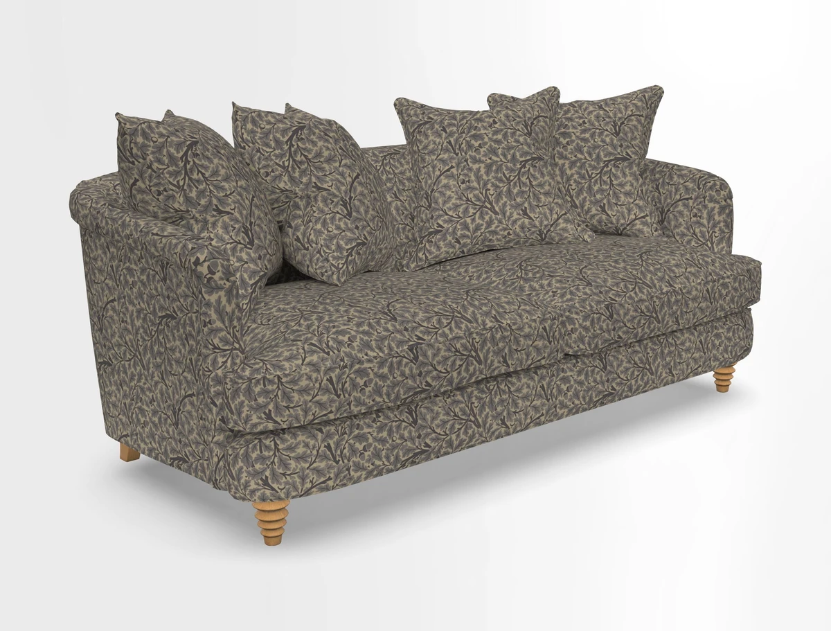 Helmsley 3 Seater Sofa in Mohair Velvet Fir Green with Seat and Back Cushions in RHS Collection Trailing Vine Olive and Small Trailing Ivy Olive