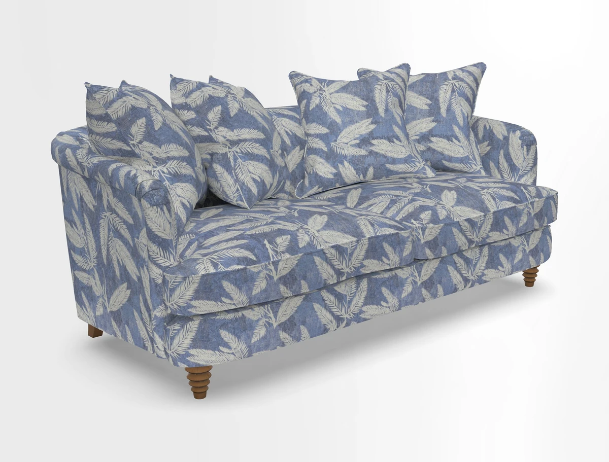 Helmsley 3 Seater Sofa in Mohair Velvet Fir Green with Seat and Back Cushions in RHS Collection Trailing Vine Olive and Small Trailing Ivy Olive