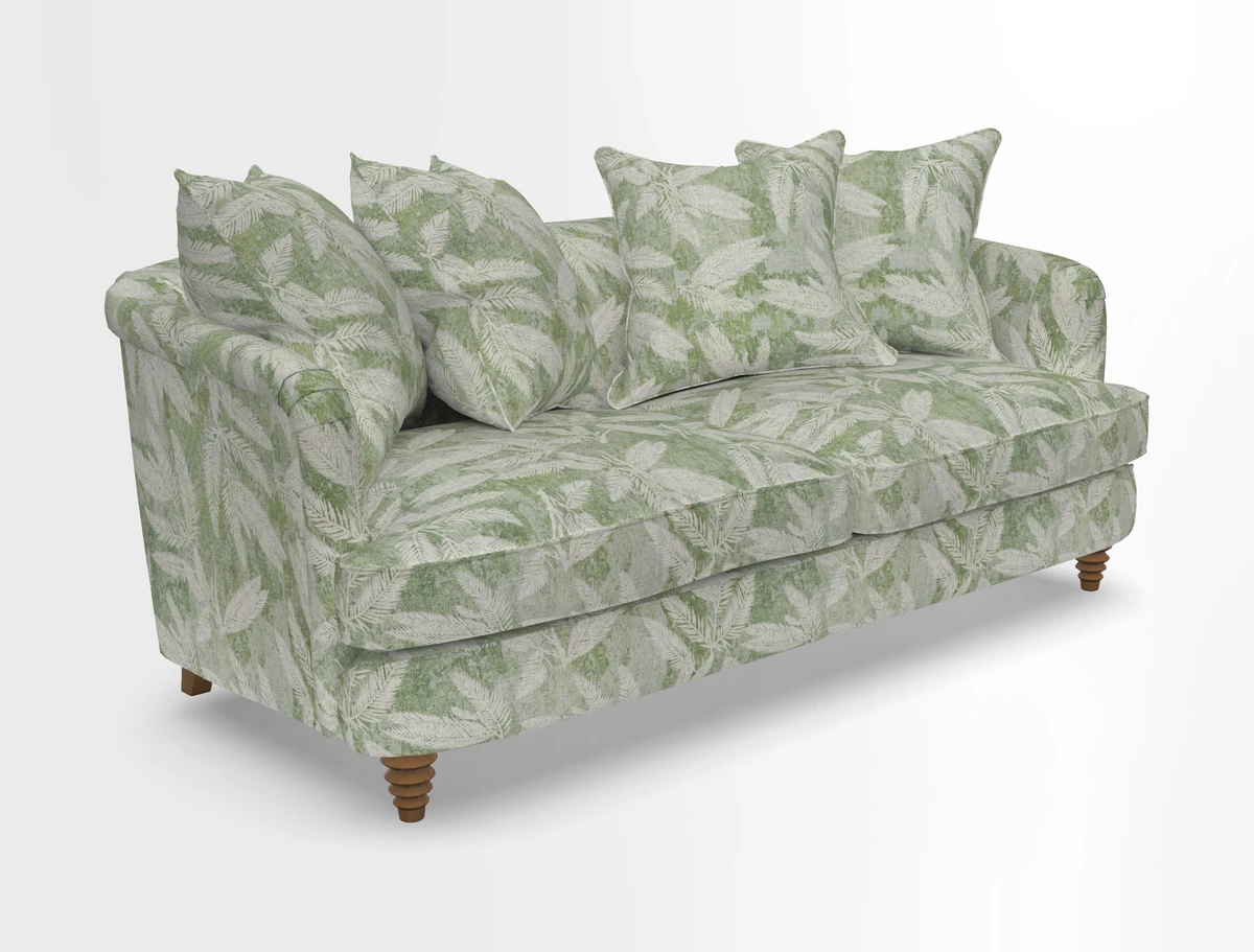 Helmsley 3 Seater Sofa in Mohair Velvet Fir Green with Seat and Back Cushions in RHS Collection Trailing Vine Olive and Small Trailing Ivy Olive