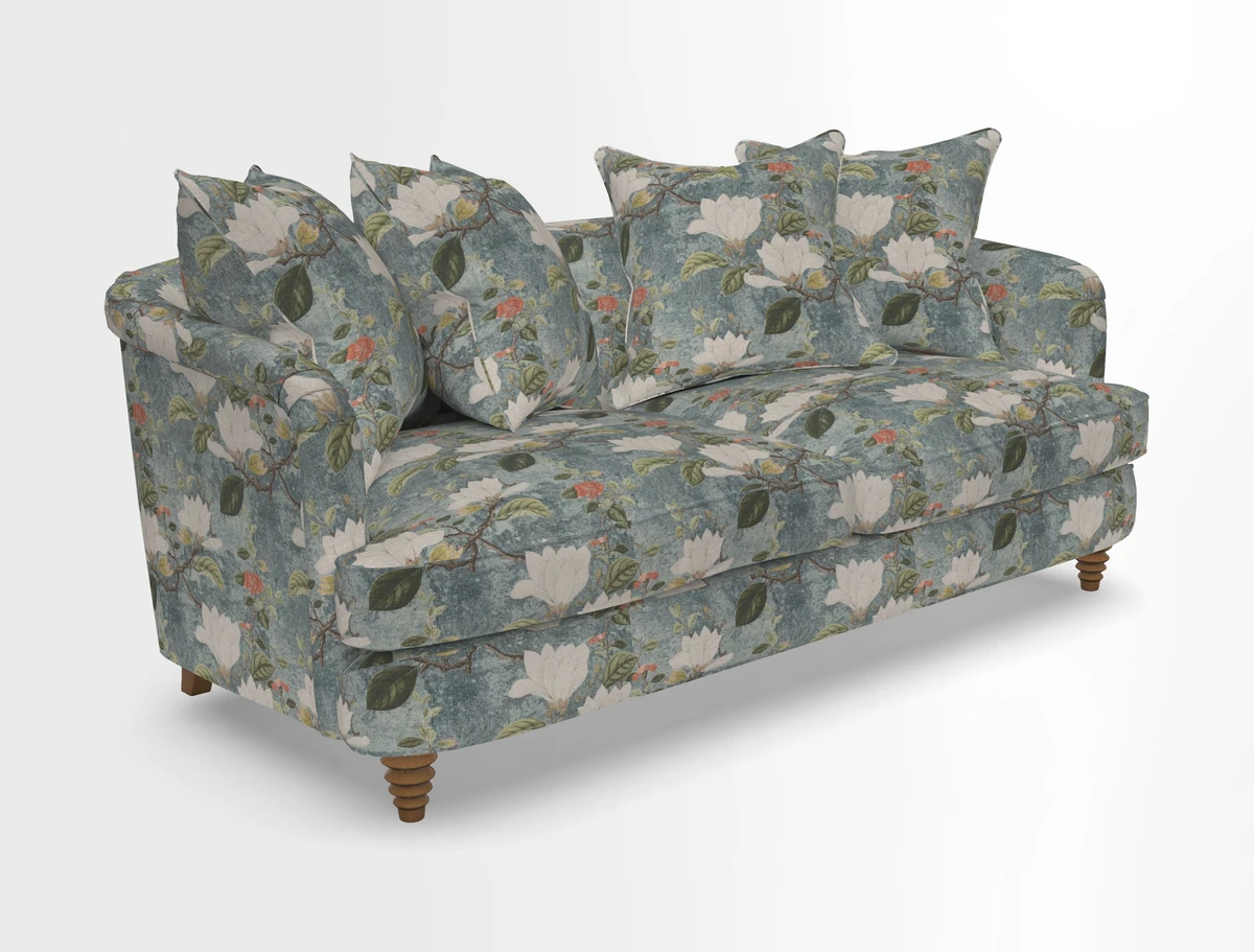 Helmsley 3 Seater Sofa in Mohair Velvet Fir Green with Seat and Back Cushions in RHS Collection Trailing Vine Olive and Small Trailing Ivy Olive