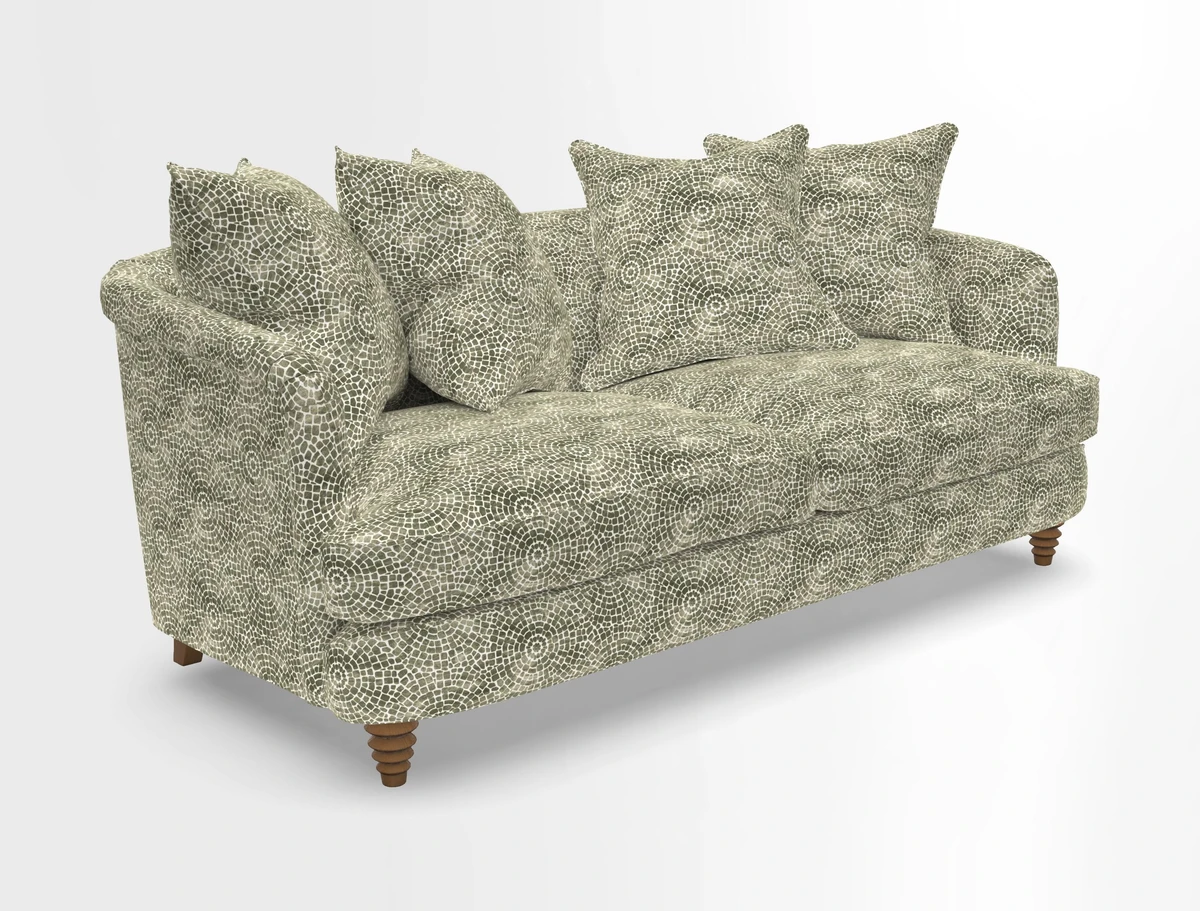 Helmsley 3 Seater Sofa in Mohair Velvet Fir Green with Seat and Back Cushions in RHS Collection Trailing Vine Olive and Small Trailing Ivy Olive