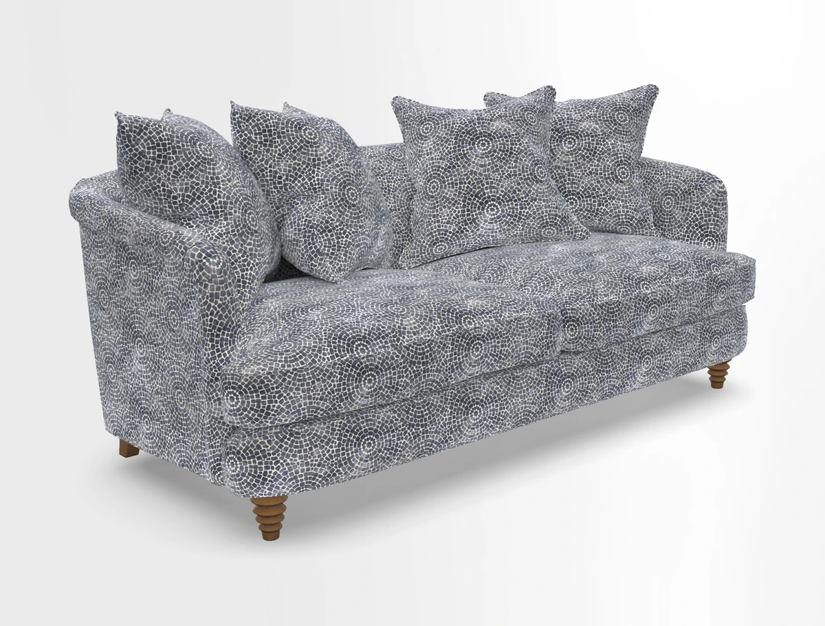 Helmsley 3 Seater Sofa in Mohair Velvet Fir Green with Seat and Back Cushions in RHS Collection Trailing Vine Olive and Small Trailing Ivy Olive