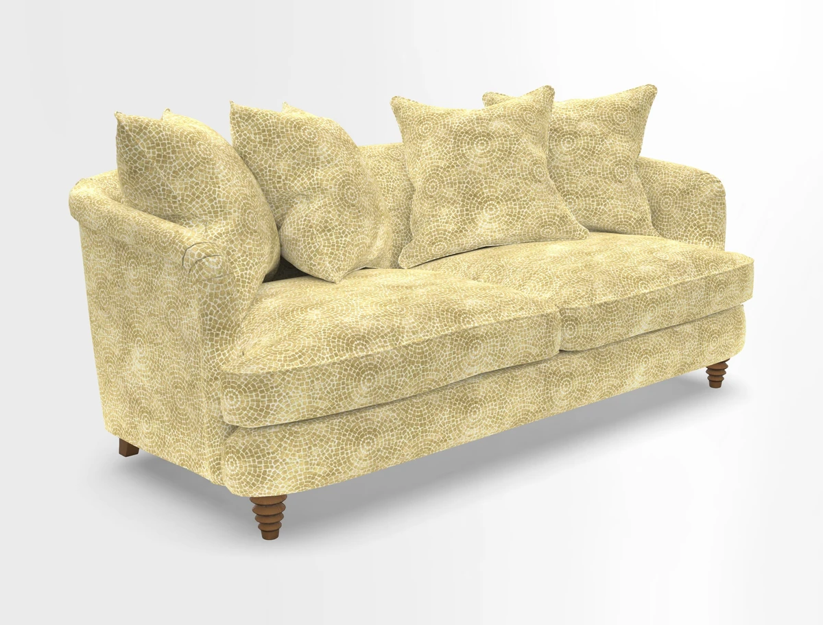Helmsley 3 Seater Sofa in Mohair Velvet Fir Green with Seat and Back Cushions in RHS Collection Trailing Vine Olive and Small Trailing Ivy Olive