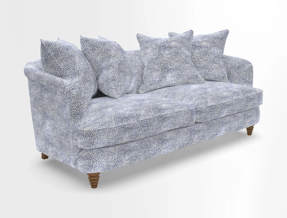 Helmsley 3 Seater Sofa in Mohair Velvet Fir Green with Seat and Back Cushions in RHS Collection Trailing Vine Olive and Small Trailing Ivy Olive