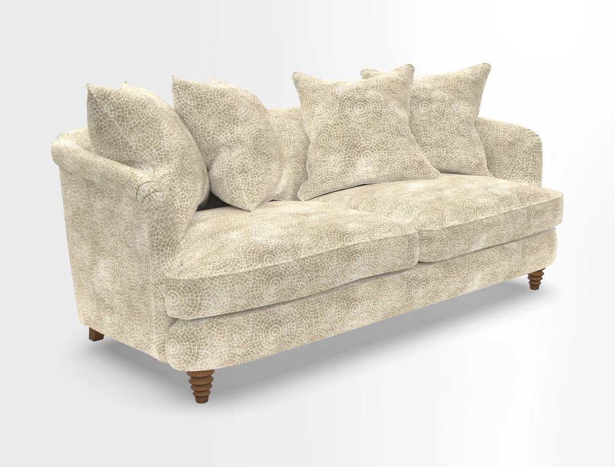 Helmsley 3 Seater Sofa in Mohair Velvet Fir Green with Seat and Back Cushions in RHS Collection Trailing Vine Olive and Small Trailing Ivy Olive