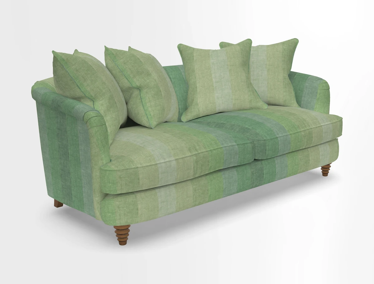 Helmsley 3 Seater Sofa in Mohair Velvet Fir Green with Seat and Back Cushions in RHS Collection Trailing Vine Olive and Small Trailing Ivy Olive