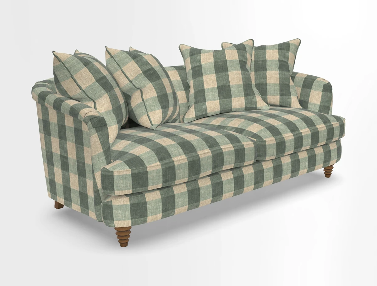 Helmsley 3 Seater Sofa in Mohair Velvet Fir Green with Seat and Back Cushions in RHS Collection Trailing Vine Olive and Small Trailing Ivy Olive