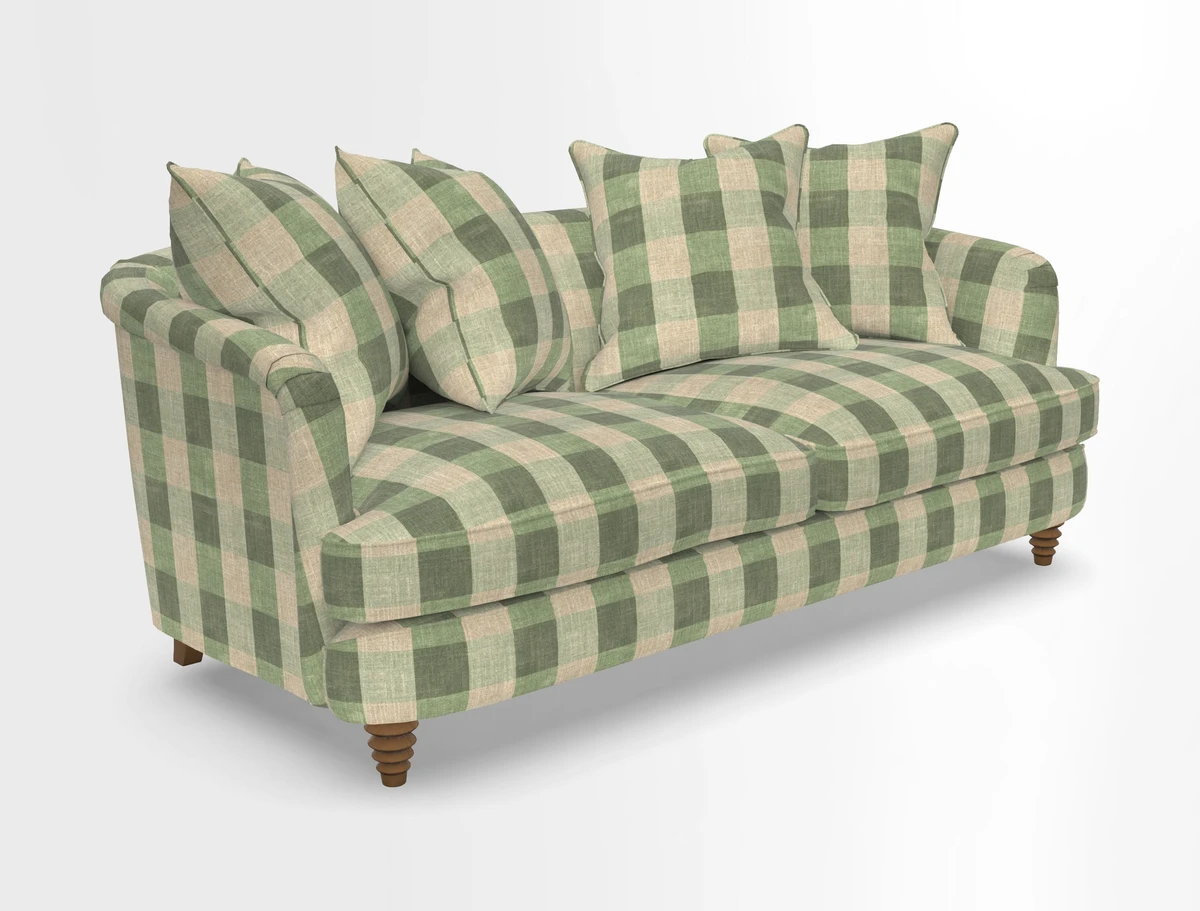 Helmsley 3 Seater Sofa in Mohair Velvet Fir Green with Seat and Back Cushions in RHS Collection Trailing Vine Olive and Small Trailing Ivy Olive