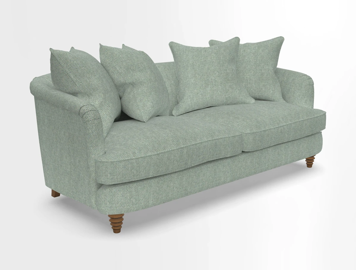 Helmsley 3 Seater Sofa in Mohair Velvet Fir Green with Seat and Back Cushions in RHS Collection Trailing Vine Olive and Small Trailing Ivy Olive