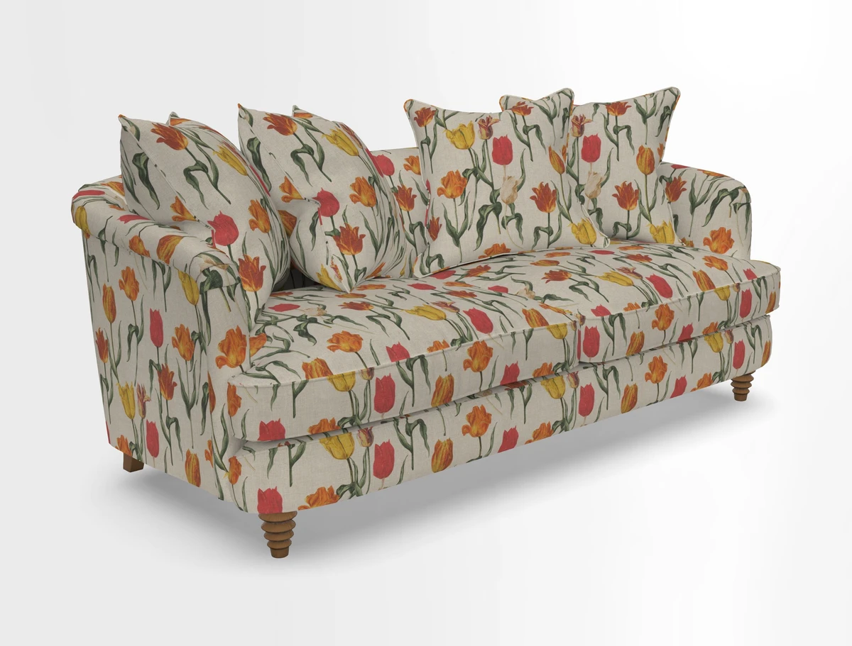 Helmsley 3 Seater Sofa in Mohair Velvet Fir Green with Seat and Back Cushions in RHS Collection Trailing Vine Olive and Small Trailing Ivy Olive