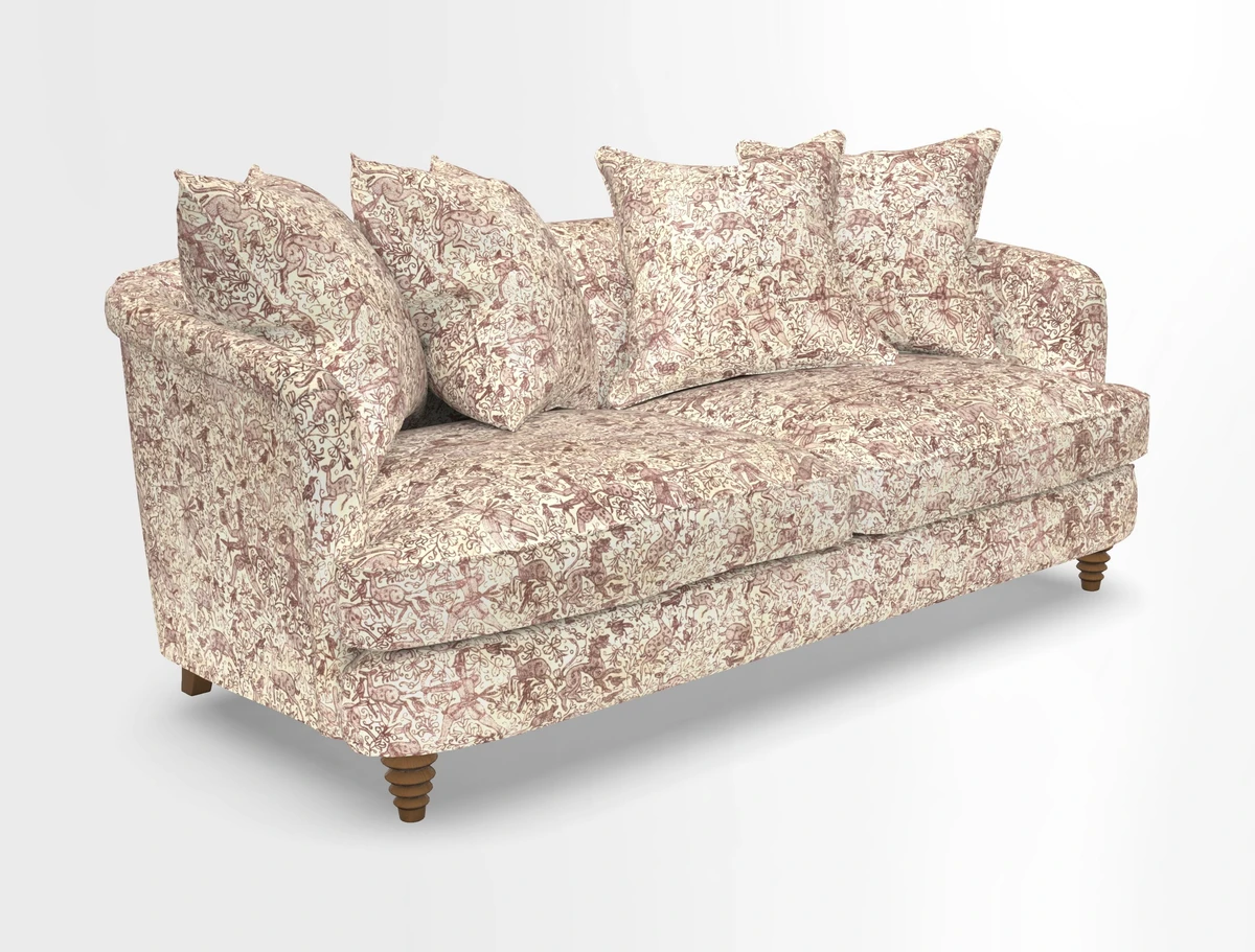 Helmsley 3 Seater Sofa in Mohair Velvet Fir Green with Seat and Back Cushions in RHS Collection Trailing Vine Olive and Small Trailing Ivy Olive