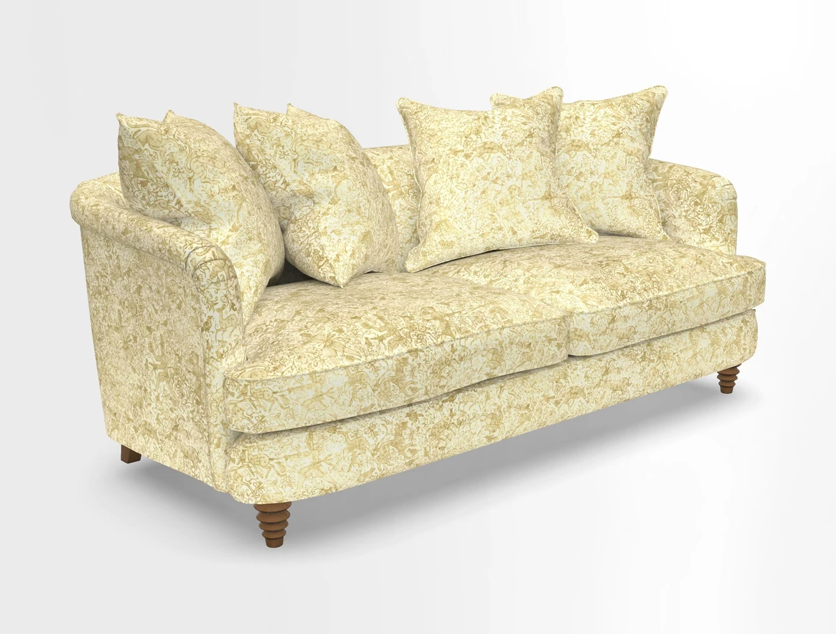 Helmsley 3 Seater Sofa in Mohair Velvet Fir Green with Seat and Back Cushions in RHS Collection Trailing Vine Olive and Small Trailing Ivy Olive
