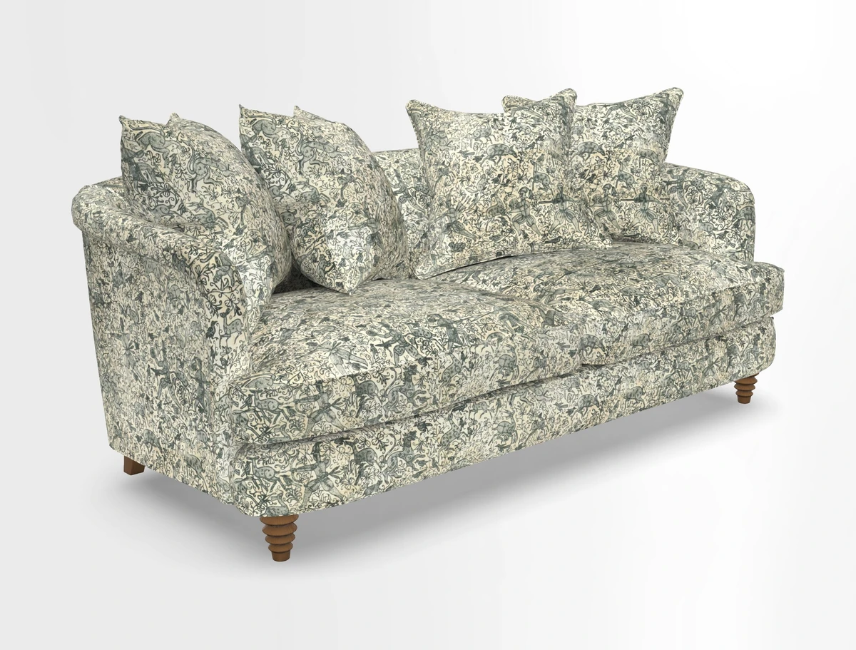 Helmsley 3 Seater Sofa in Mohair Velvet Fir Green with Seat and Back Cushions in RHS Collection Trailing Vine Olive and Small Trailing Ivy Olive