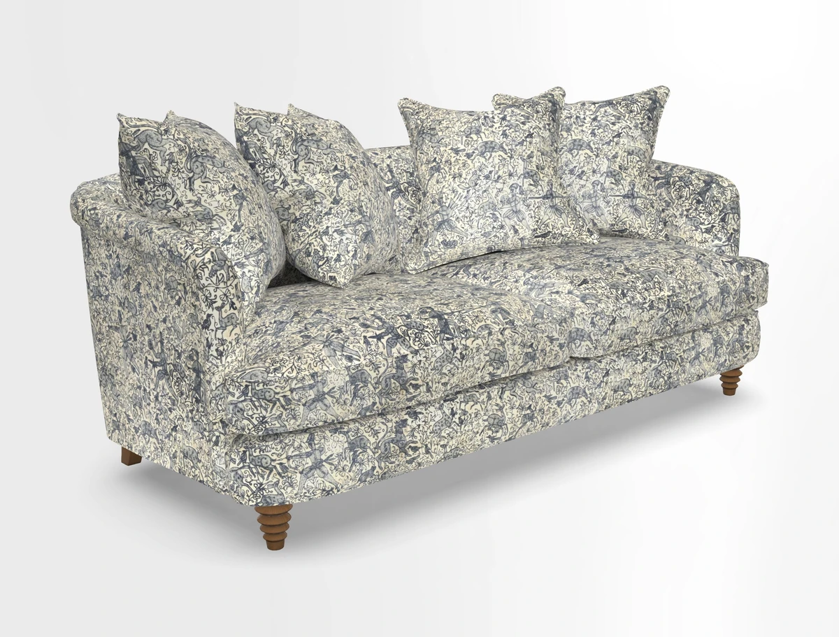 Helmsley 3 Seater Sofa in Mohair Velvet Fir Green with Seat and Back Cushions in RHS Collection Trailing Vine Olive and Small Trailing Ivy Olive