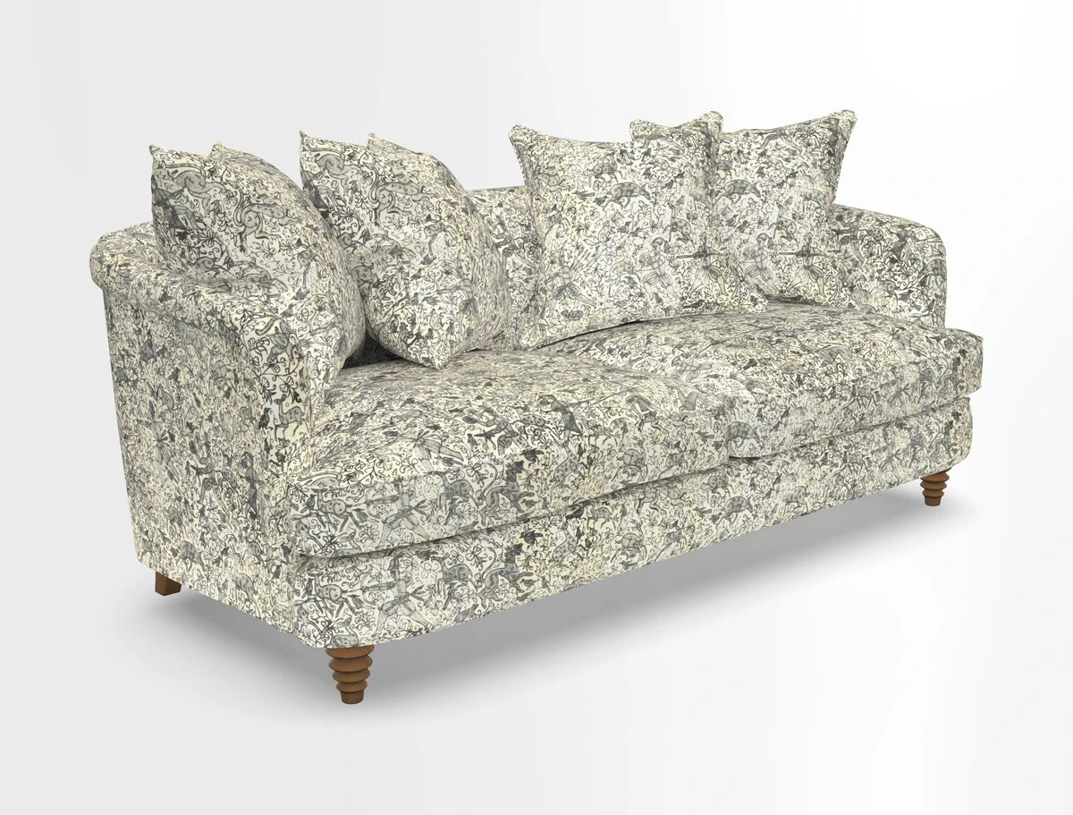 Helmsley 3 Seater Sofa in Mohair Velvet Fir Green with Seat and Back Cushions in RHS Collection Trailing Vine Olive and Small Trailing Ivy Olive