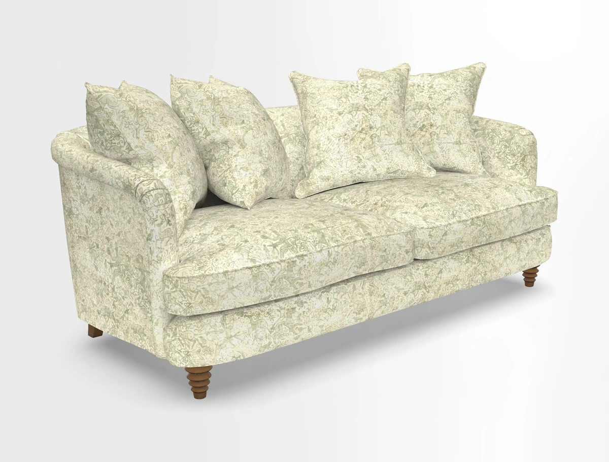 Helmsley 3 Seater Sofa in Mohair Velvet Fir Green with Seat and Back Cushions in RHS Collection Trailing Vine Olive and Small Trailing Ivy Olive