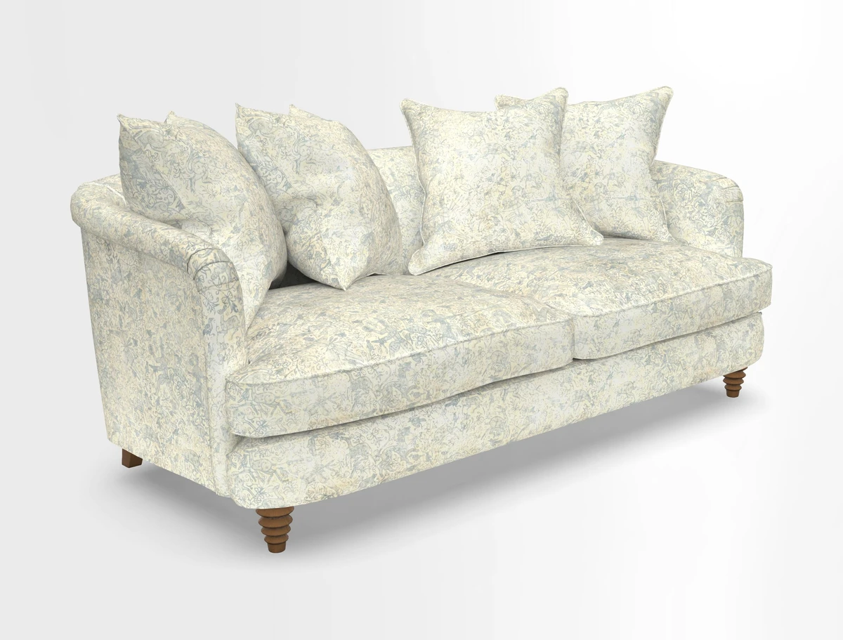 Helmsley 3 Seater Sofa in Mohair Velvet Fir Green with Seat and Back Cushions in RHS Collection Trailing Vine Olive and Small Trailing Ivy Olive