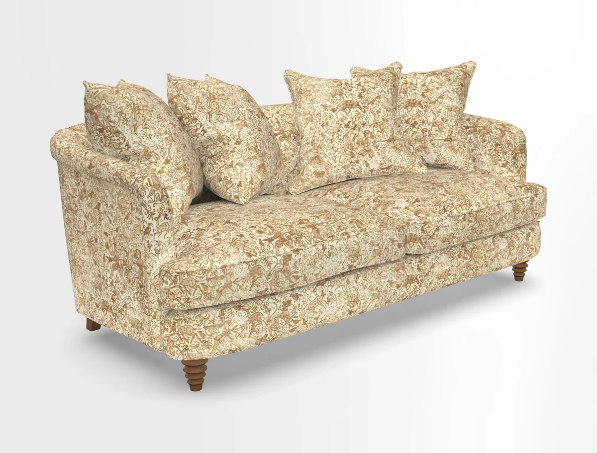 Helmsley 3 Seater Sofa in Mohair Velvet Fir Green with Seat and Back Cushions in RHS Collection Trailing Vine Olive and Small Trailing Ivy Olive
