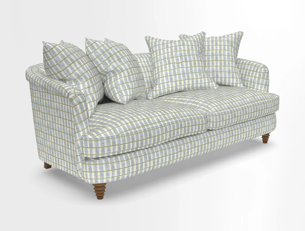 Helmsley 3 Seater Sofa in Mohair Velvet Fir Green with Seat and Back Cushions in RHS Collection Trailing Vine Olive and Small Trailing Ivy Olive