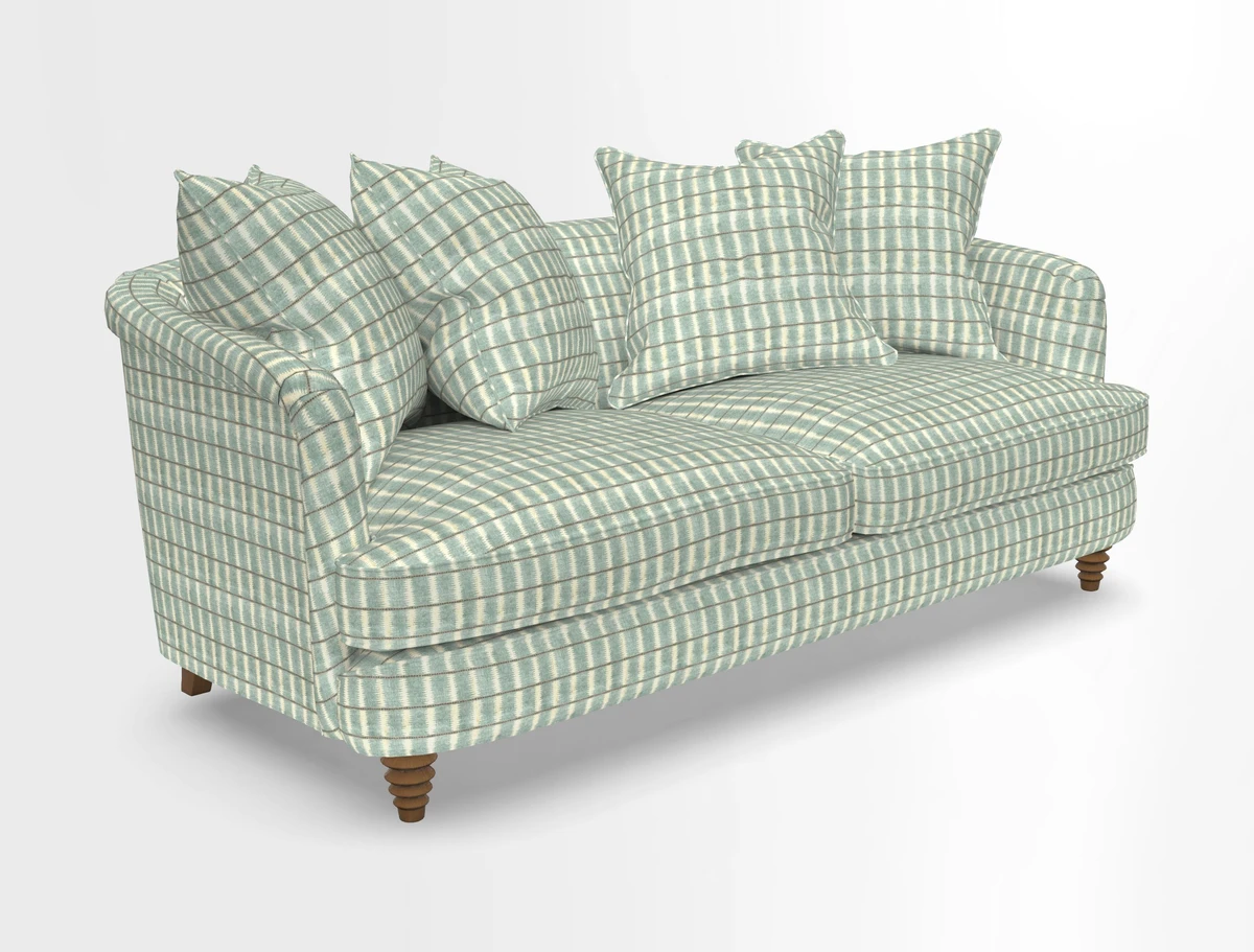 Helmsley 3 Seater Sofa in Mohair Velvet Fir Green with Seat and Back Cushions in RHS Collection Trailing Vine Olive and Small Trailing Ivy Olive