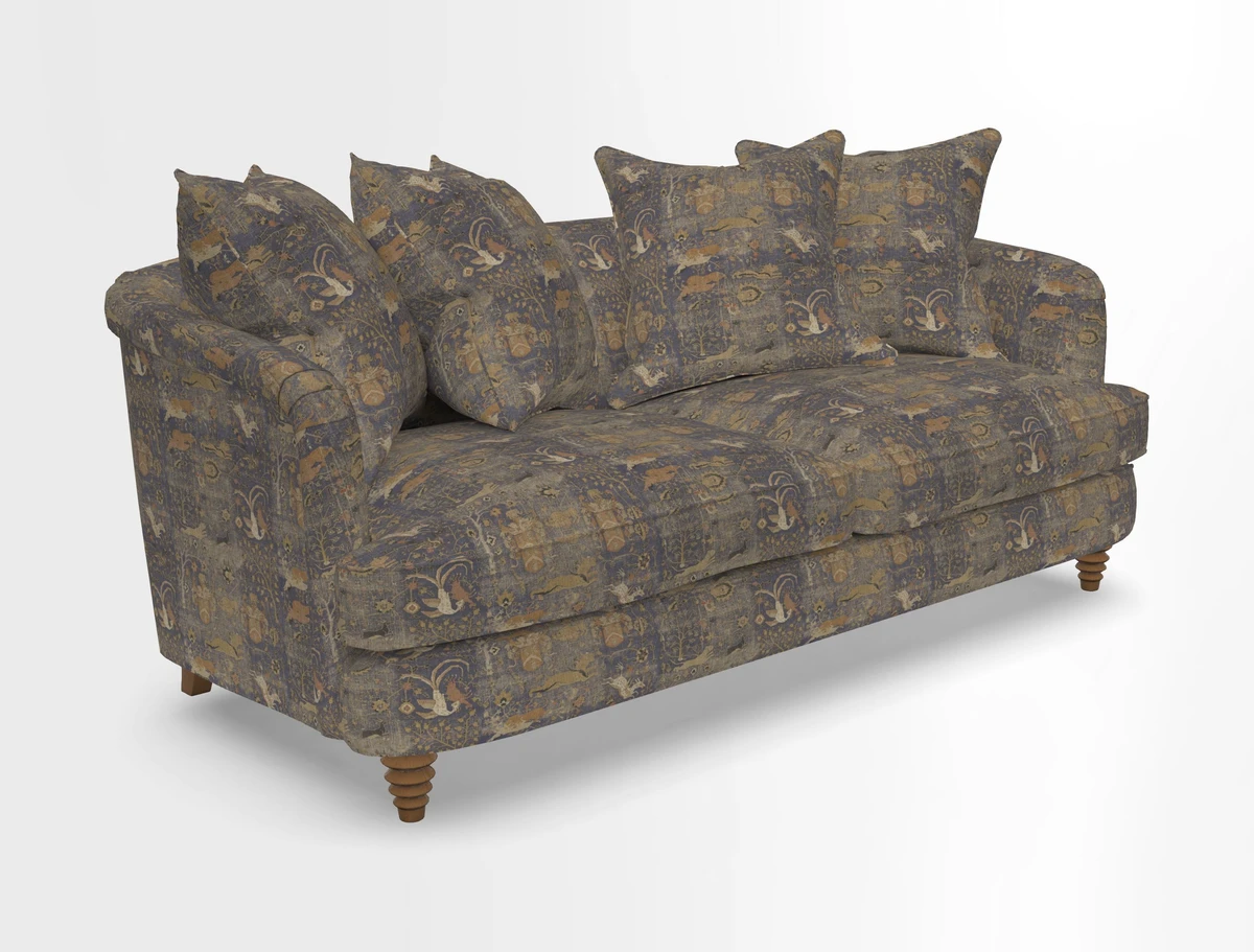 Helmsley 3 Seater Sofa in Mohair Velvet Fir Green with Seat and Back Cushions in RHS Collection Trailing Vine Olive and Small Trailing Ivy Olive
