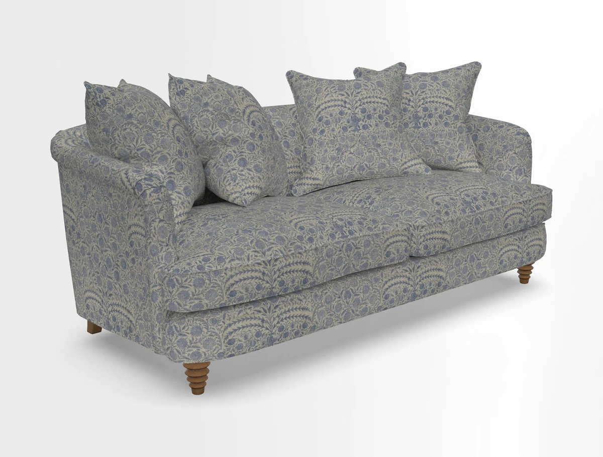 Helmsley 3 Seater Sofa in Mohair Velvet Fir Green with Seat and Back Cushions in RHS Collection Trailing Vine Olive and Small Trailing Ivy Olive